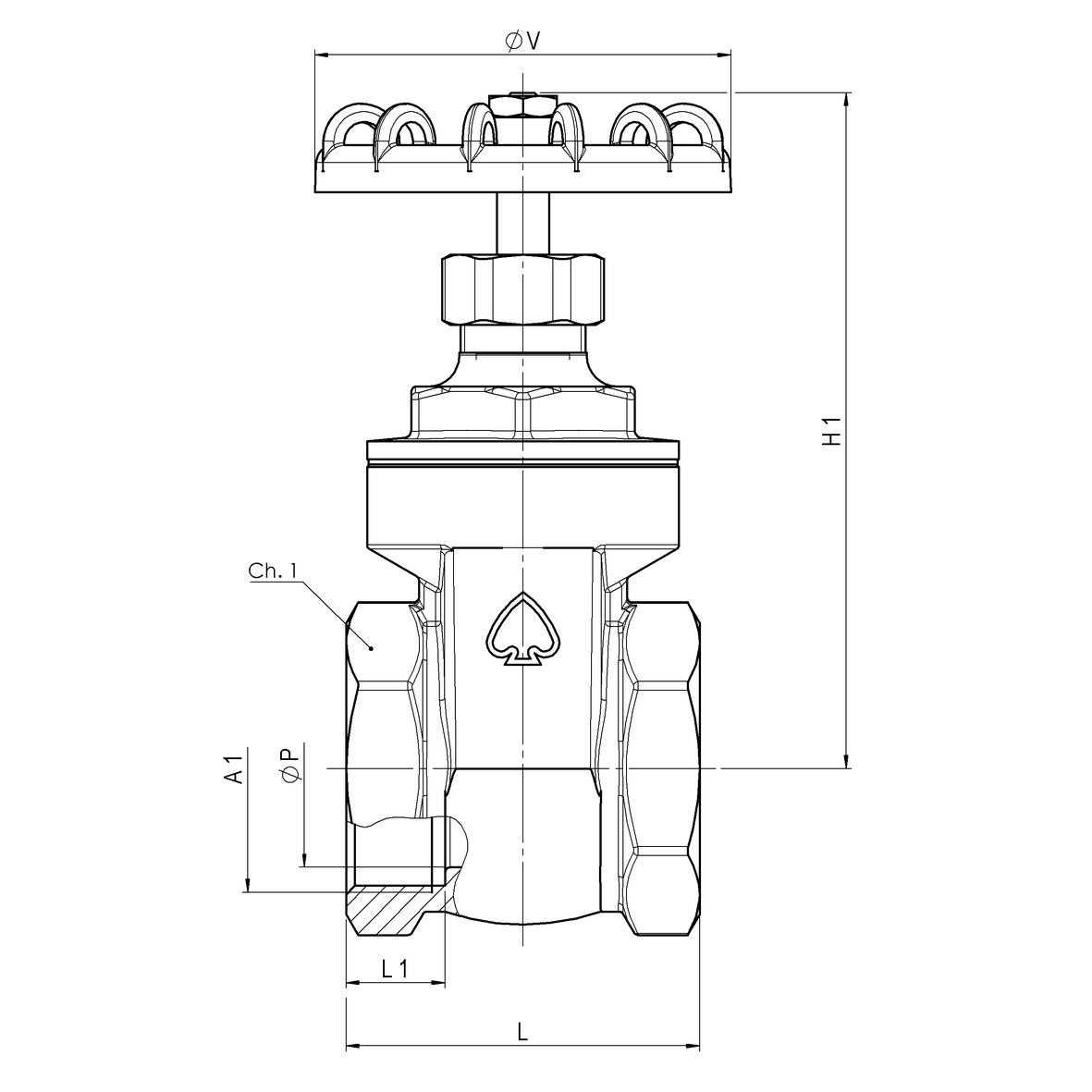 Saracinesca in bronzo a passaggio totale PN25 con volantino di manovra F-F