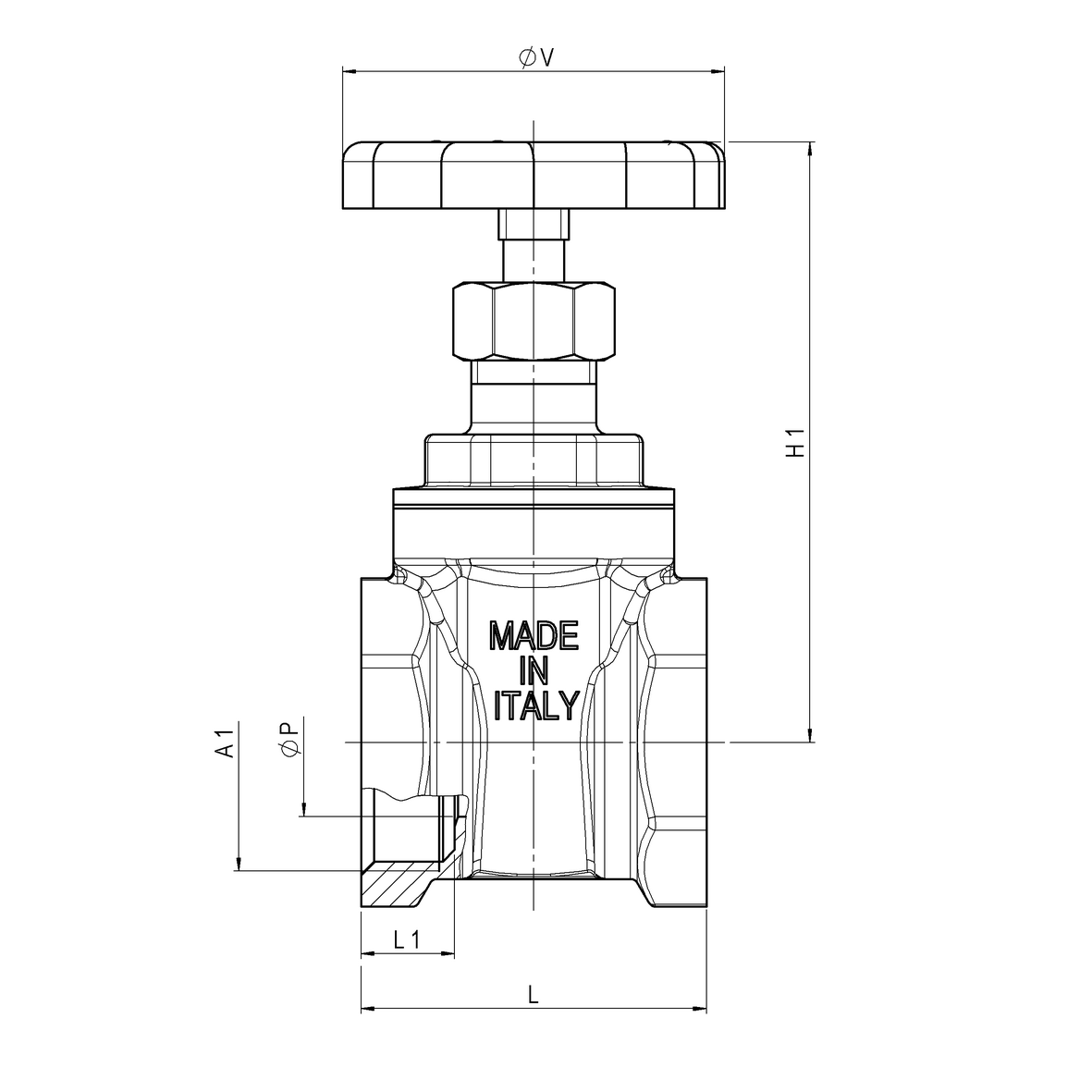 Saracinesca in ottone a passaggio totale PN10 con volantino di manovra F-F