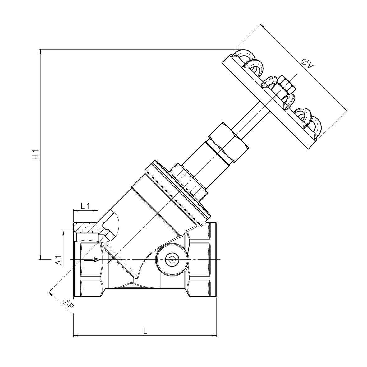 Rubinetto di arresto in bronzo corpo inclinato a 45° con valvolino piatto F-F