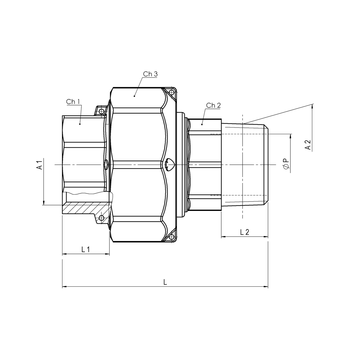 Giunto dielettrico in ottone per gas smontabile in tre pezzi M-F