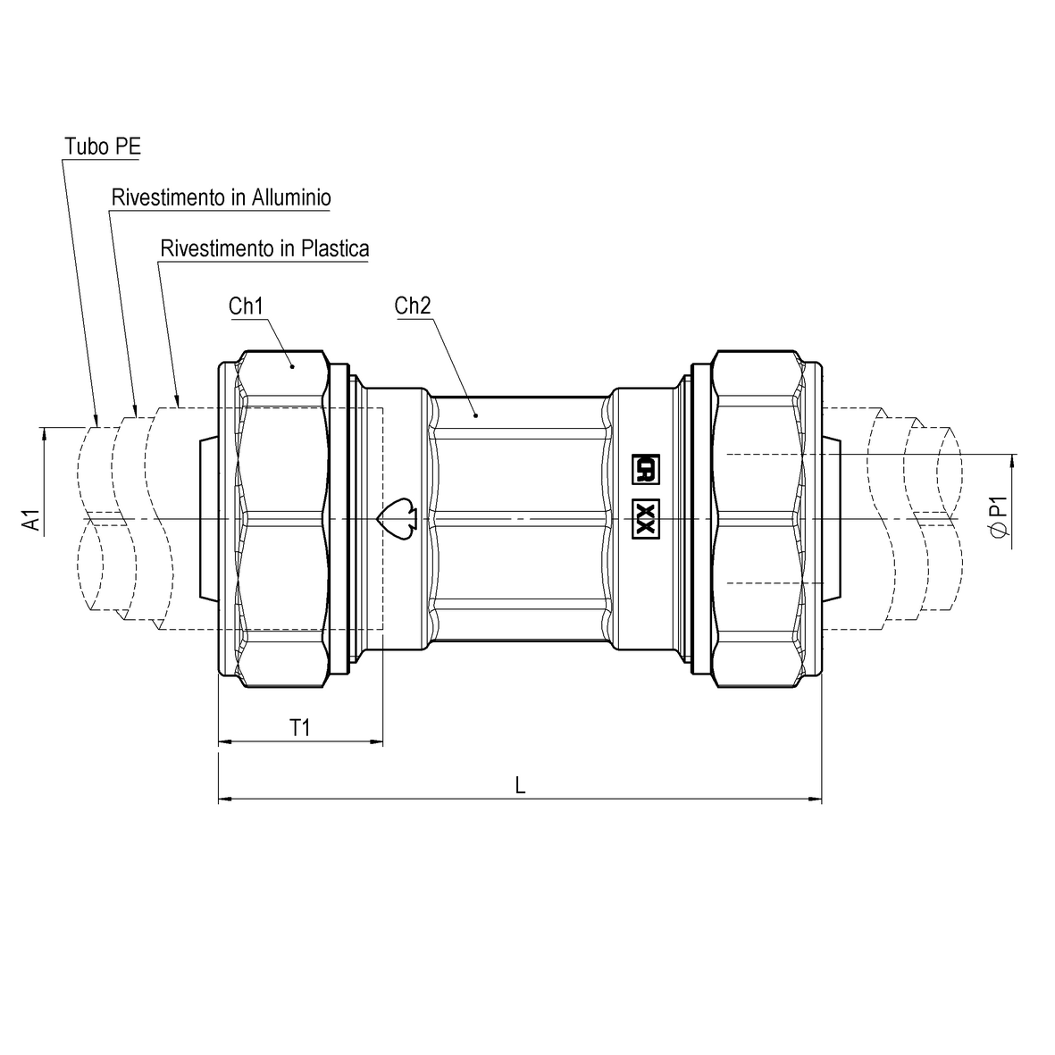 Compression fitting in CR brass for barrier multi-layer PE pipe, double PE-PE