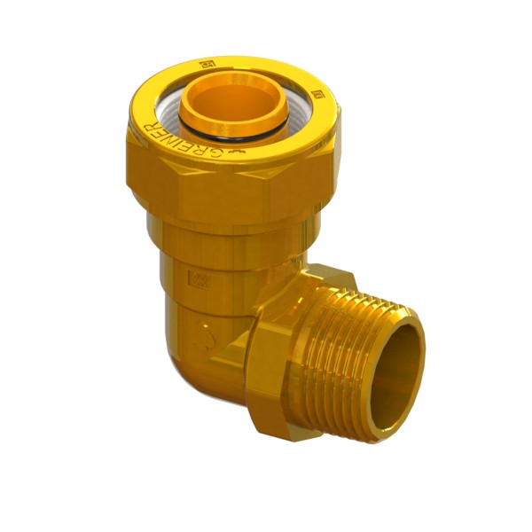 Right-angle compression fitting in CR brass for barrier multi-layer PE pipe, PE-MALE