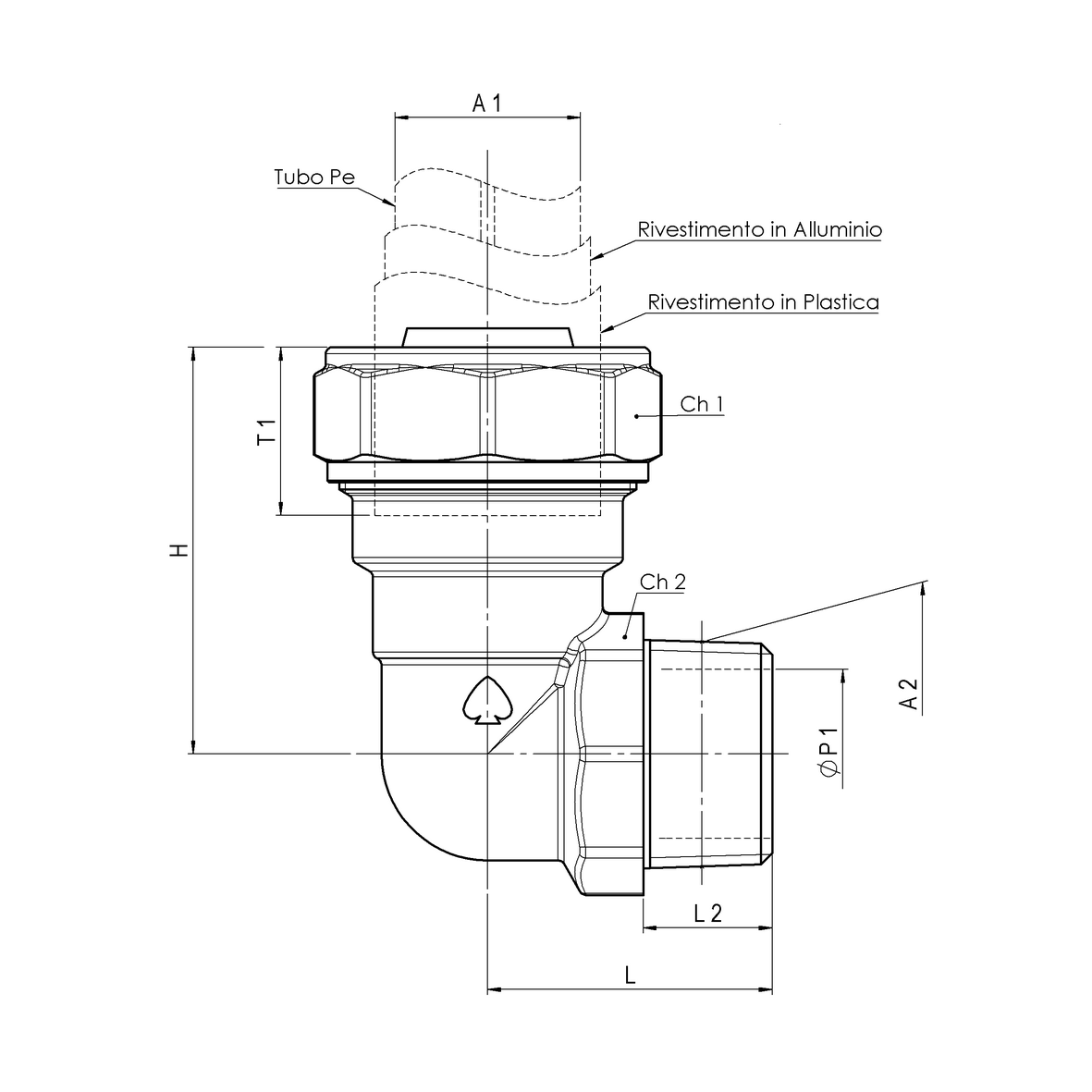 Right-angle compression fitting in CR brass for barrier multi-layer PE pipe, PE-MALE