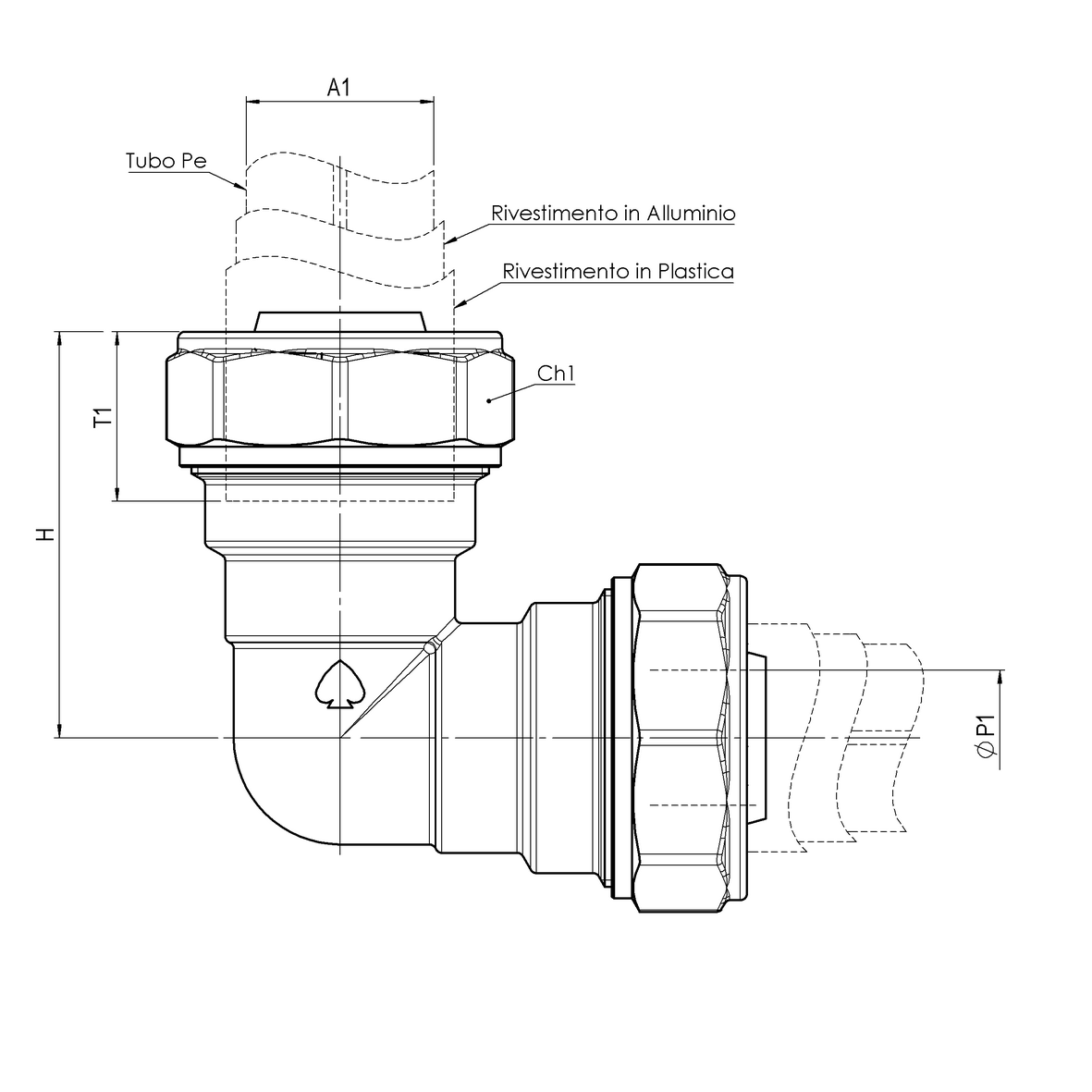 Raccordo in ADZ a serraggio meccanico per tubo PE multistrato corazzato a squadra PE-PE