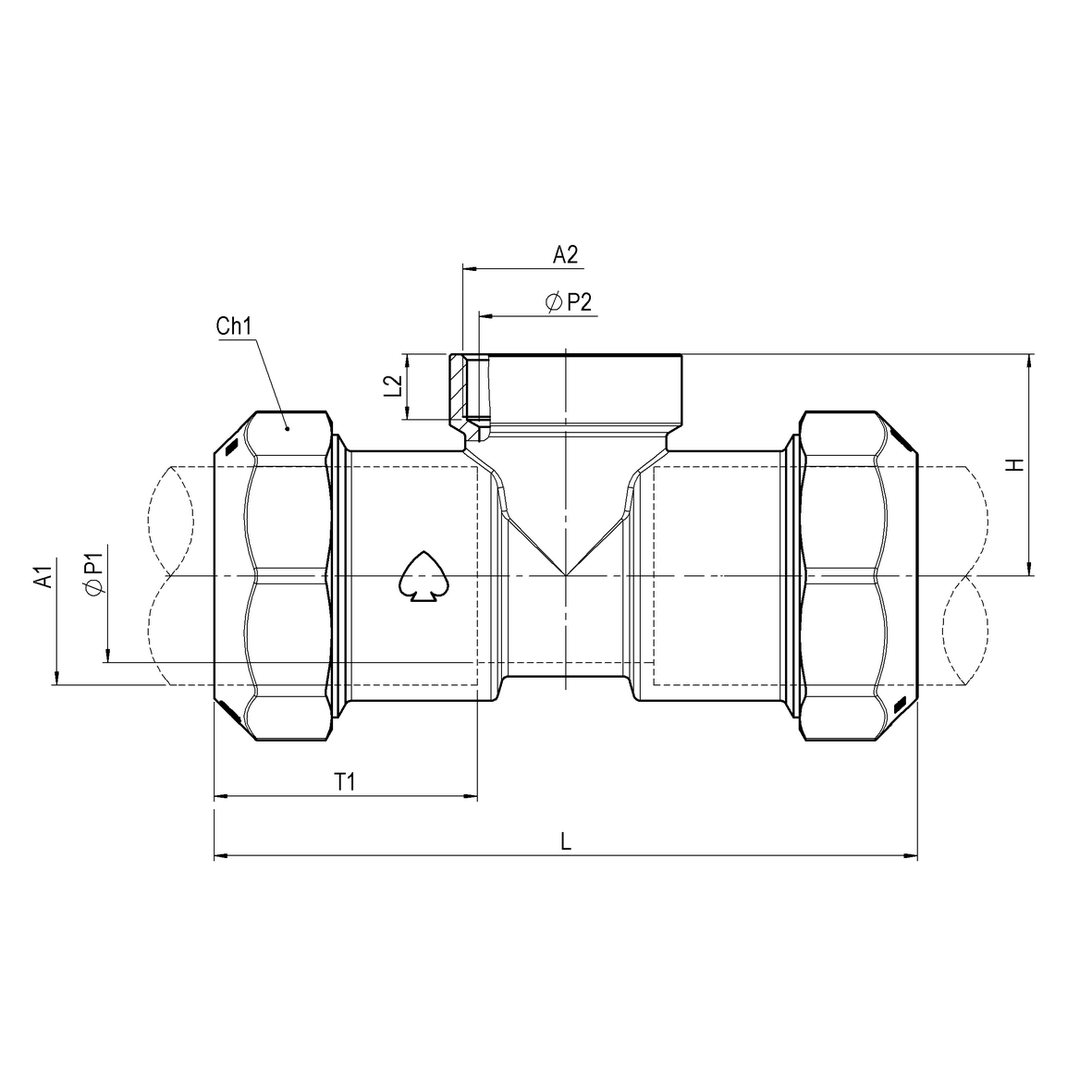 Compression fitting in CR brass for PE PN16 pipe, triple, with central threaded connection PE-IRON-PE