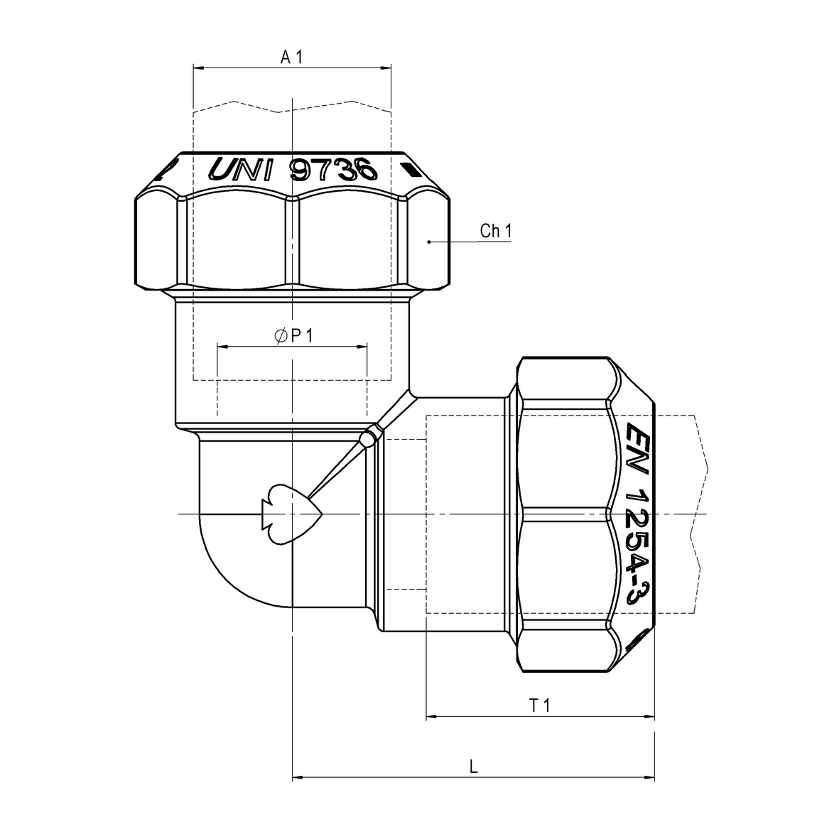 Right-angle compression fitting in CR brass for PE PN16 pipe, PE-PE
