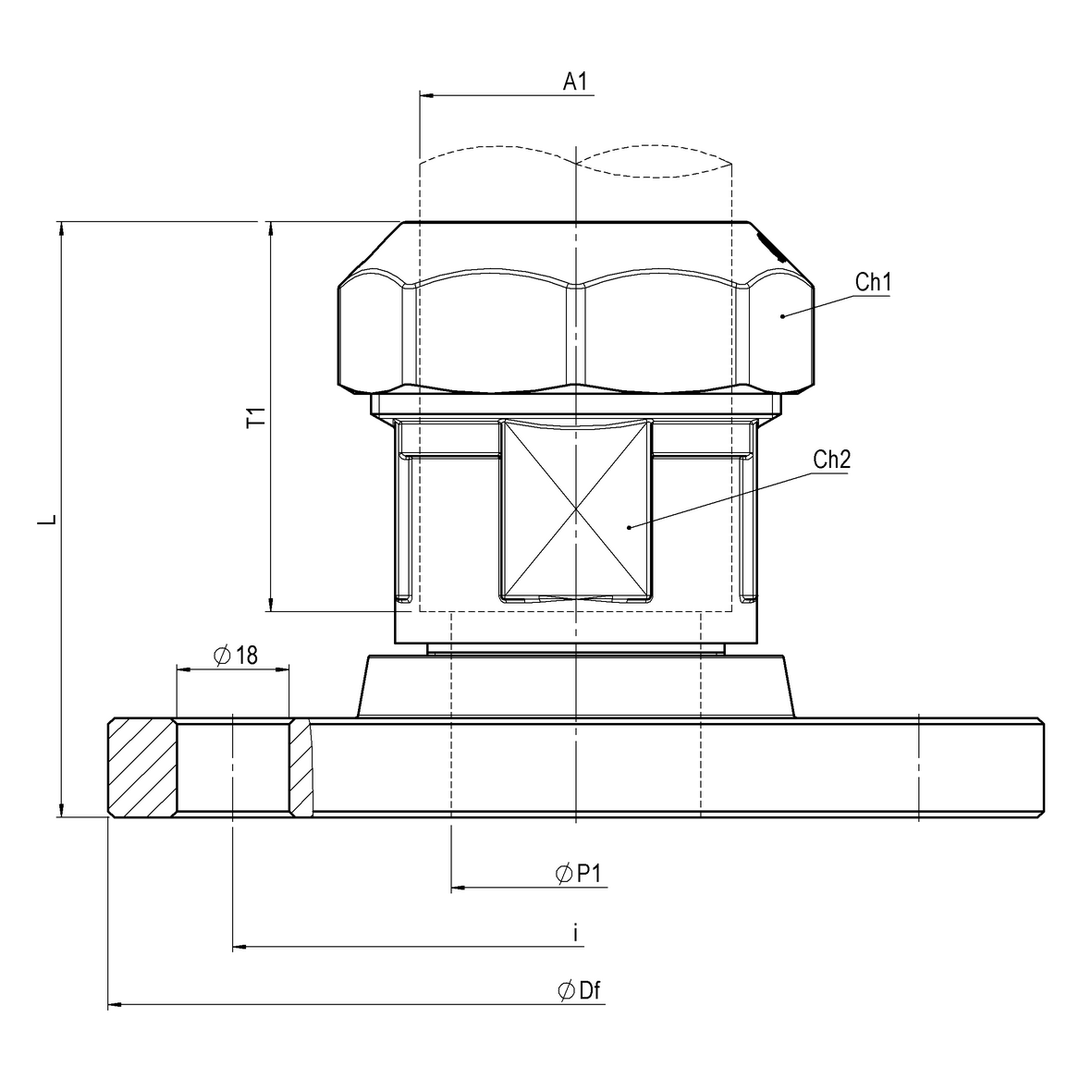 Compression fitting for PE PN16 pipe, PE-FL fixed