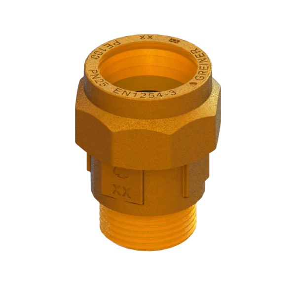 Compression fitting for PE PN25 pipe, with brass compression ring, PE-MALE