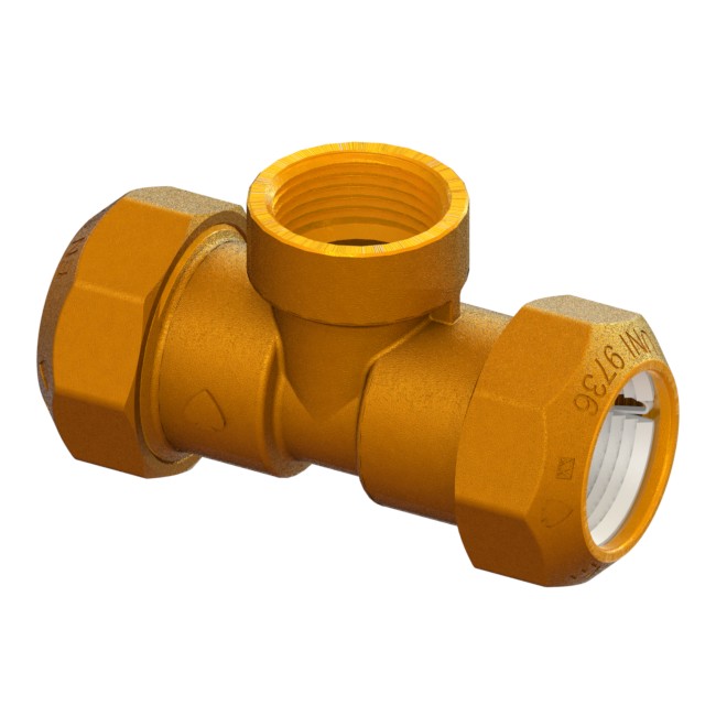 Compression fitting for PE PN16 pipe, triple, with central threaded connection PE-IRON-PE