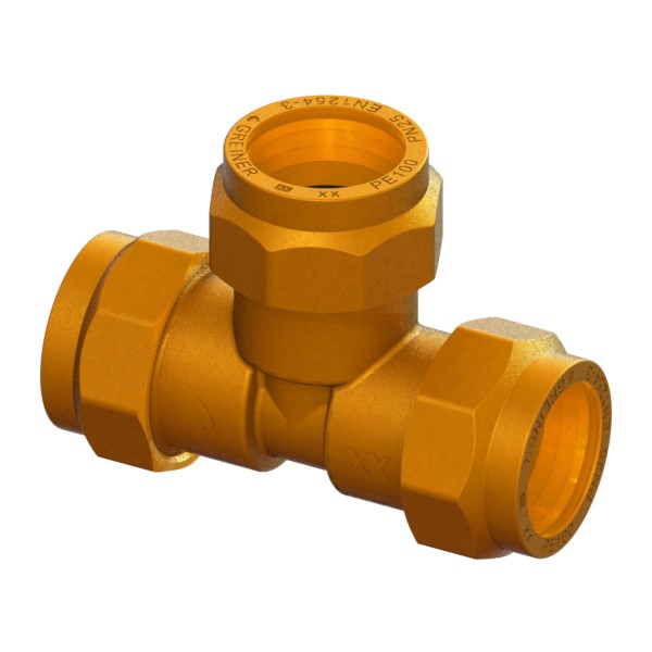 Compression fitting for PE PN25 pipe, with brass compression ring, triple, PE-PE-PE