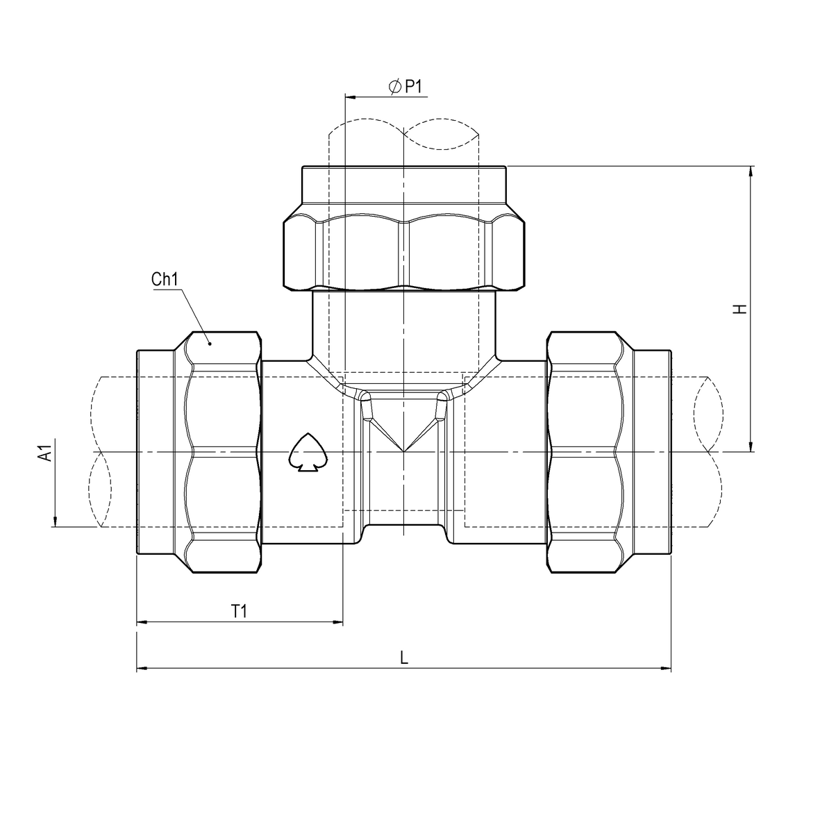 Compression fitting for PE PN25 pipe, with brass compression ring, triple, PE-PE-PE