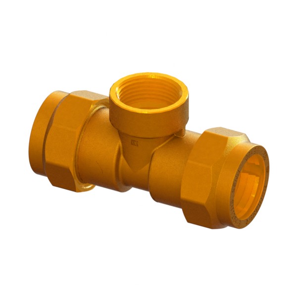 Compression fitting for PE PN25 pipe, with brass compression ring, triple, with central threaded connection PE-IRON-PE