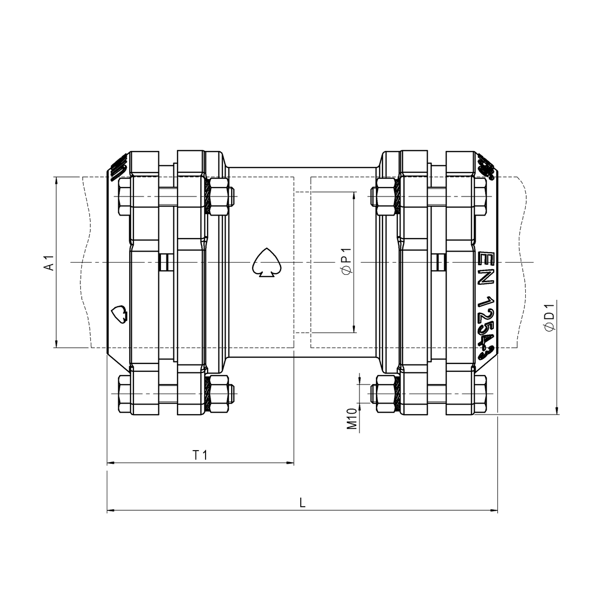 Compression fitting for PE PN16 pipe, double, with stainless steel screw stays PE-PE