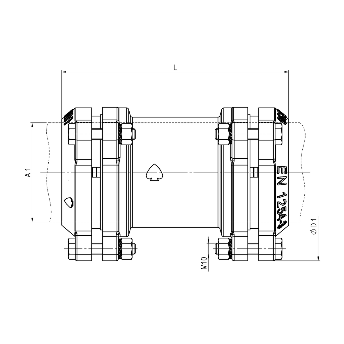 Compression fitting for PE PN16 pipe, double for repair, with stainless steel screw stays PE-PE