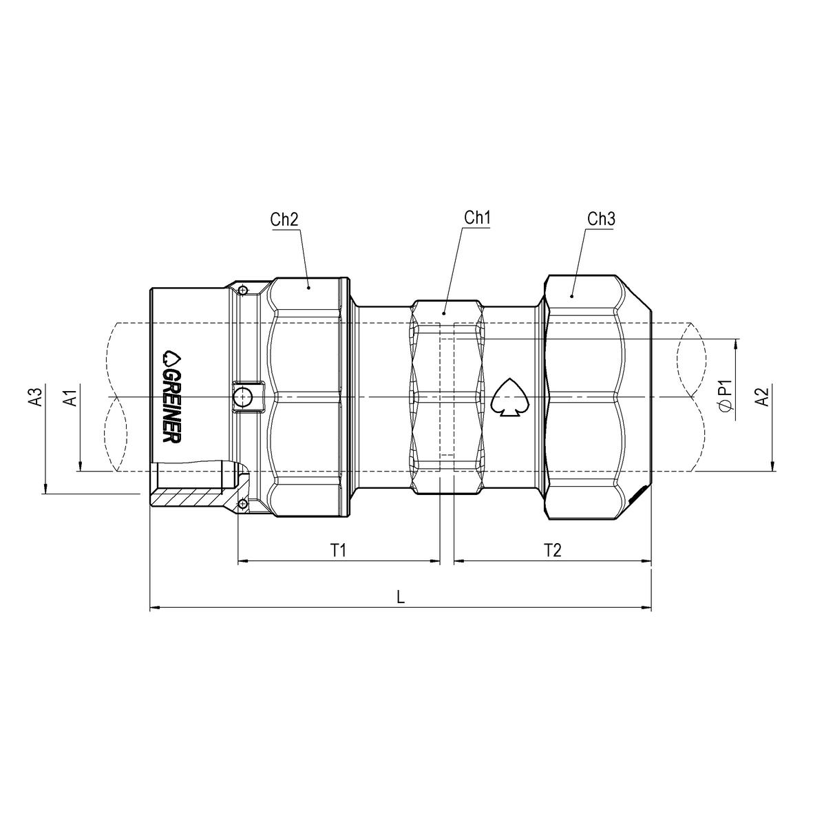 Compression fitting for PE PN16 pipe, double, with connection for protective pipe PE-PE