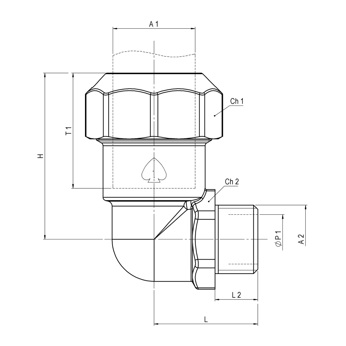Right-angle compression fitting for PE PN16 pipe, PE-MALE