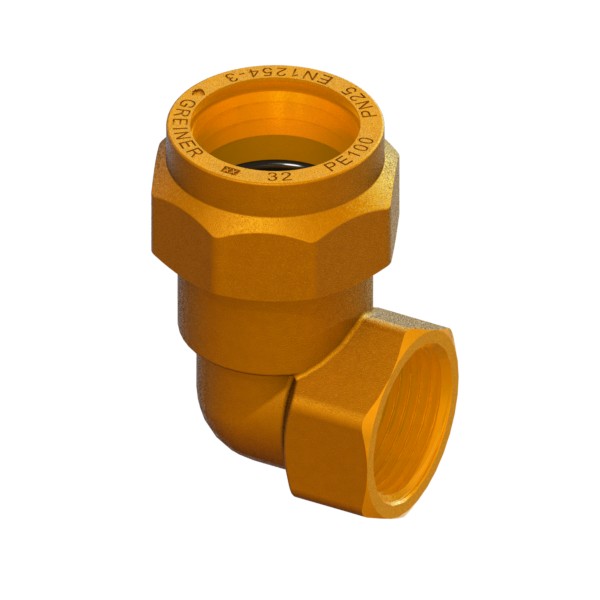 Right-angle compression fitting for PE PN25 pipe, with brass compression ring, PE-FEMALE