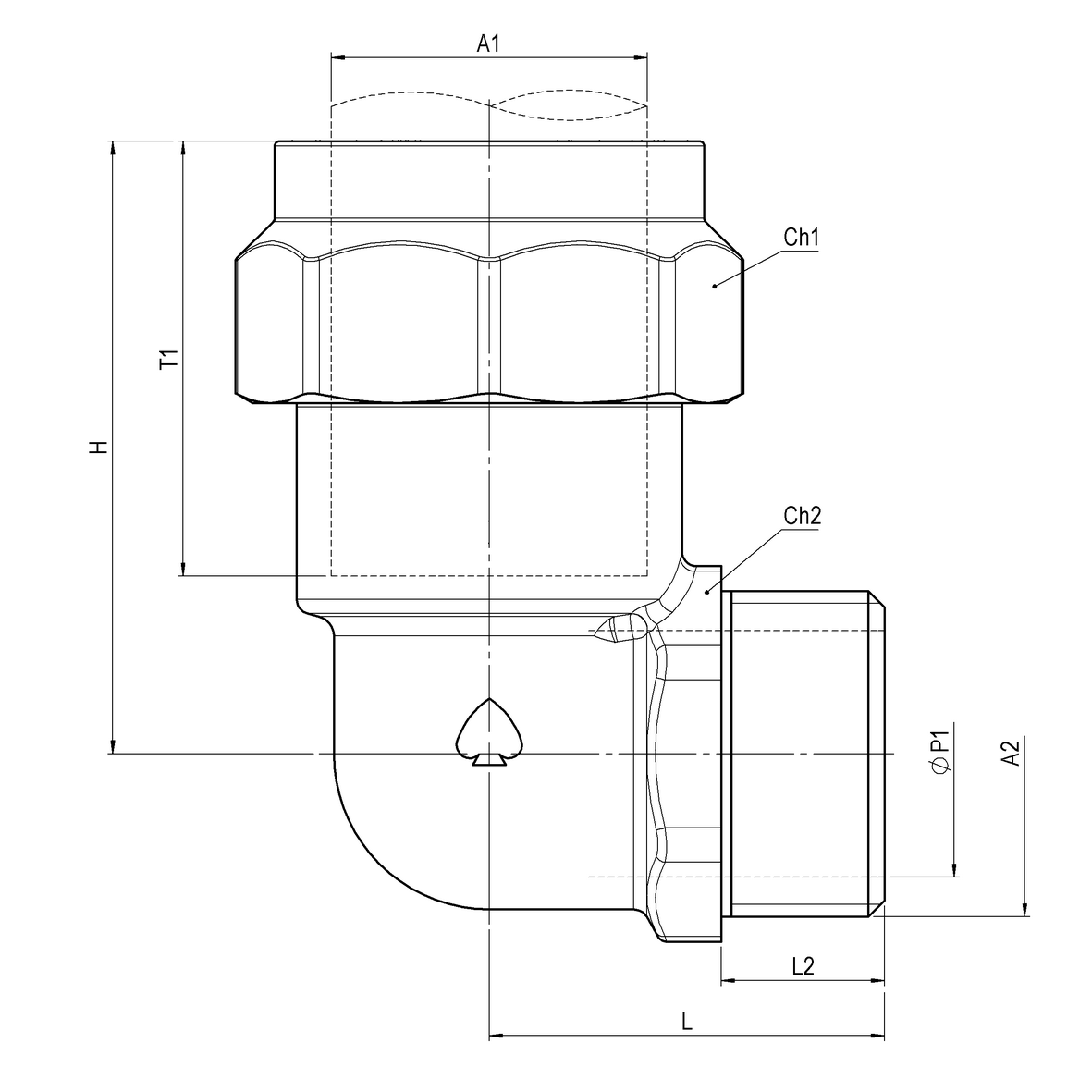 Right-angle compression fitting for PE PN25 pipe, with brass compression ring, PE-MALE
