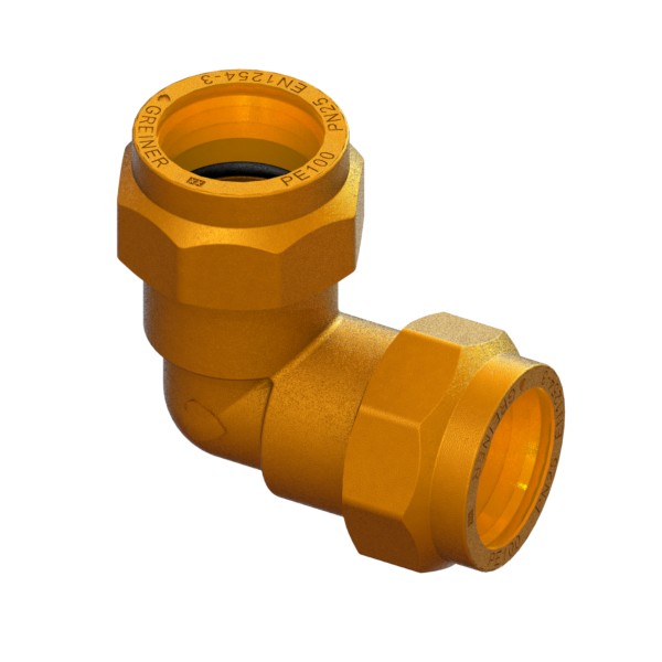 Right-angle compression fitting for PE PN25 pipe, with brass compression ring, PE-PE