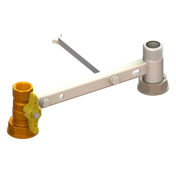 Bracket for gas meter L=250, inlet valve with yellow sealable T-handle, outlet tail with wall up fixing plate FEMALE-MOVING NUT-MALE