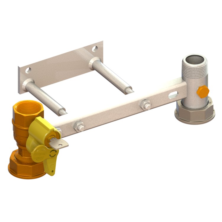 Bracket for gas meter L=250, inlet valve with lock 301 to 340, outlet tail with PCP with 2 pin support FEMALE-MOVING NUT-MALE