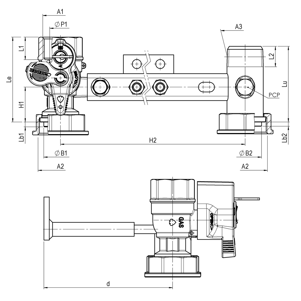 Mensola per contatore gas I=250 valvola in entrata con serratura 301÷340 cannotto in uscita con PCP con supporto a 2 perni F-GI-M