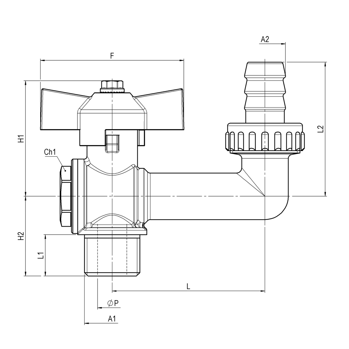 Rubinetto erogatore a sfera con uscita a 180° con portagomma M-PG
