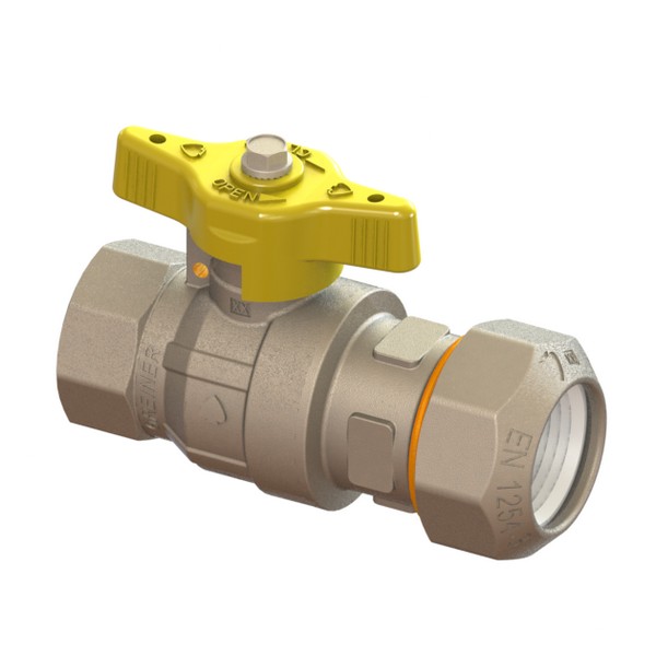 Gas full-bore ball valve, standard series, for PE pipe with compression fitting, with yellow sealable T-handle, IRON-PE