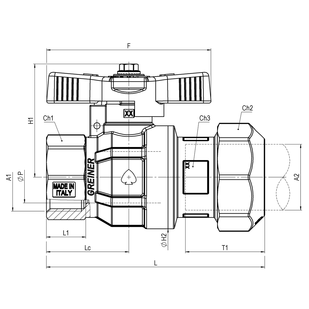 Gas full-bore ball valve, standard series, for PE pipe with compression fitting, with yellow sealable T-handle, IRON-PE