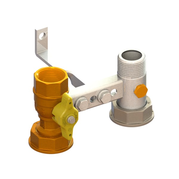Bracket for gas meter L=110, inlet valve with yellow sealable T-handle, outlet tail with PCP with twisted fixing plate FEMALE-MOVING NUT-MALE