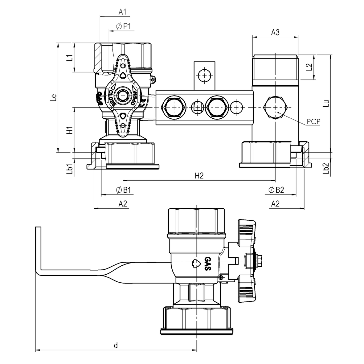 Bracket for gas meter L=110, inlet valve with yellow sealable T-handle, outlet tail with PCP with twisted fixing plate FEMALE-MOVING NUT-MALE