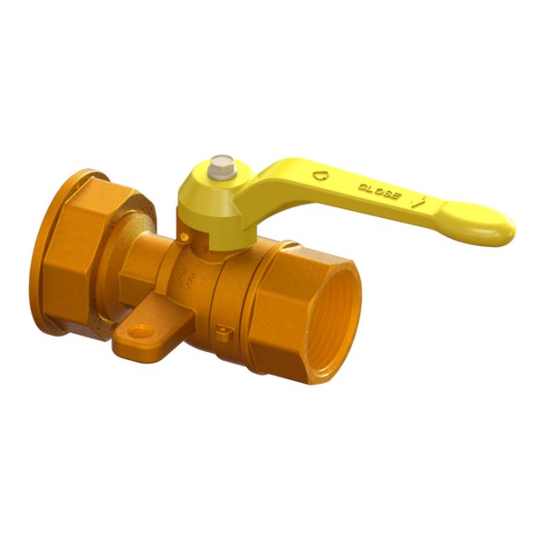 Gas meter reduced-bore inlet ball valve with mounting ear with yellow handle FEMALE-MOVING NUT