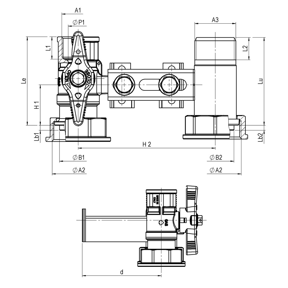 Mensola per contatore gas I=110 valvola in entrata con farfalla gialla sigillabile cannotto in uscita antifrode con supporto ad U F-GI-M