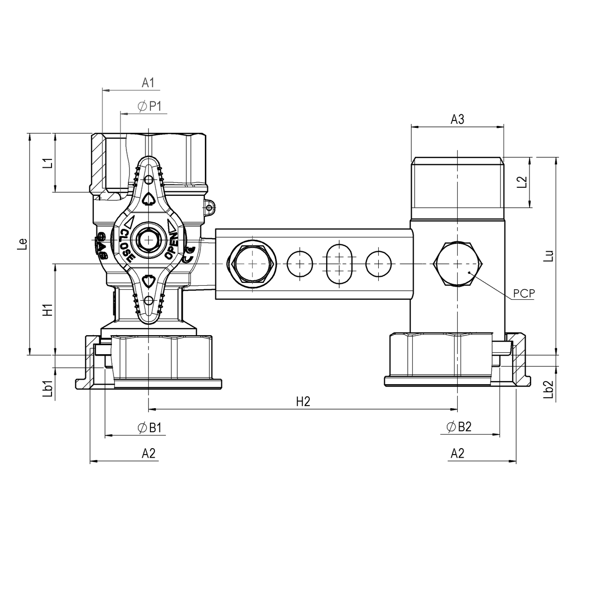 Bracket for gas meter L=110, inlet valve with yellow sealable T-handle, outlet tail with PCP FEMALE-MOVING NUT-MALE
