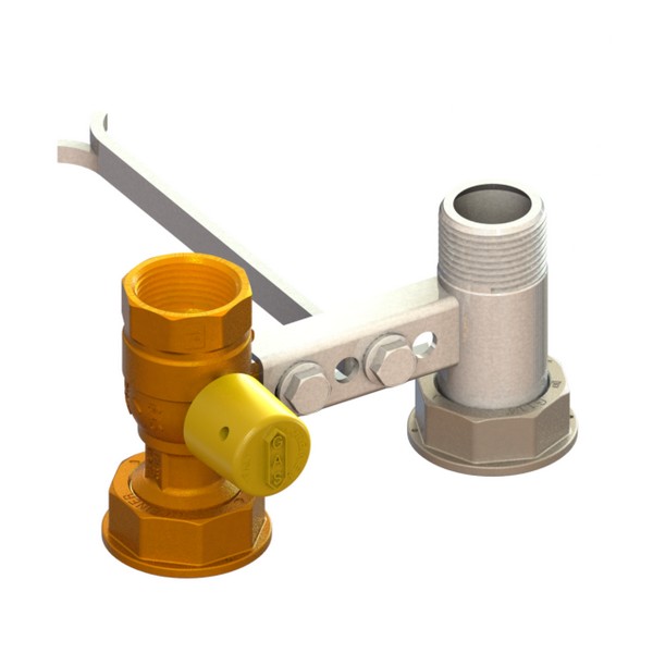 Bracket for gas meter L=110, inlet valve with yellow sealable cap, outlet tail with wall up fixing plate FEMALE-MOVING NUT-MALE