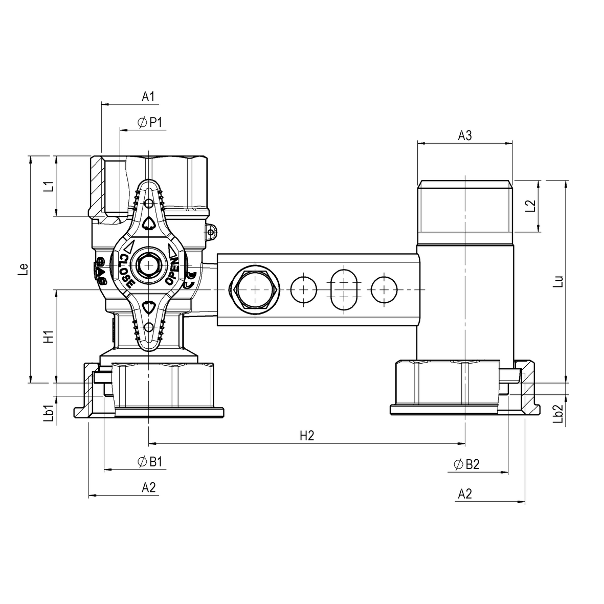 Bracket for gas meter L=110, inlet valve with yellow sealable T-handle, outlet tail FEMALE-MOVING NUT-MALE