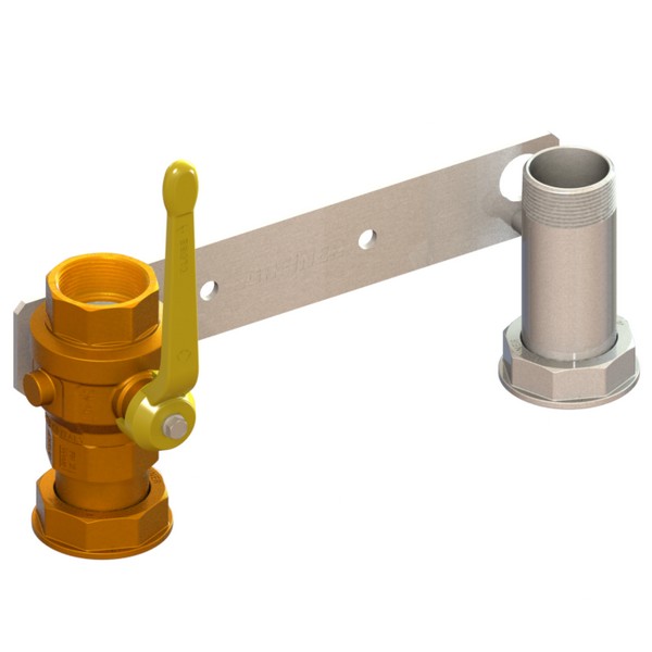 Bracket for gas meter L=335, inlet valve with yellow handle, outlet tail FEMALE-MOVING NUT-FEMALE