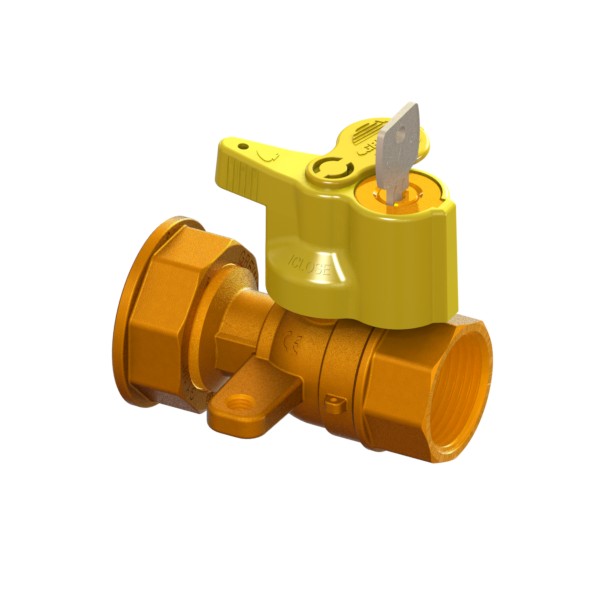 Gas meter reduced-bore inlet ball valve with mounting ear with safety and arrearage lock 301 to 340 FEMALE-MOVING NUT