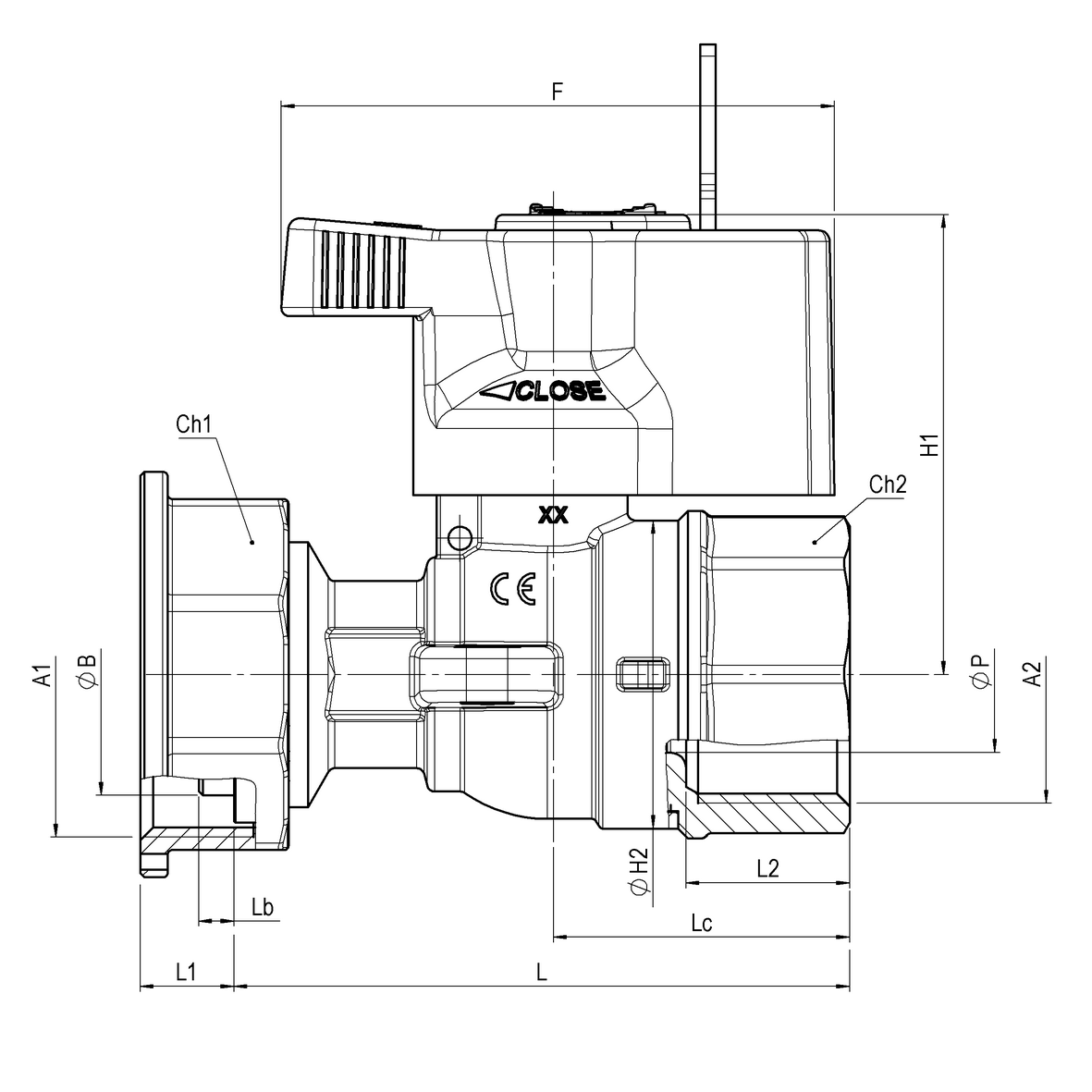 Gas meter reduced-bore inlet ball valve with mounting ear with safety and arrearage lock 301 to 340 FEMALE-MOVING NUT