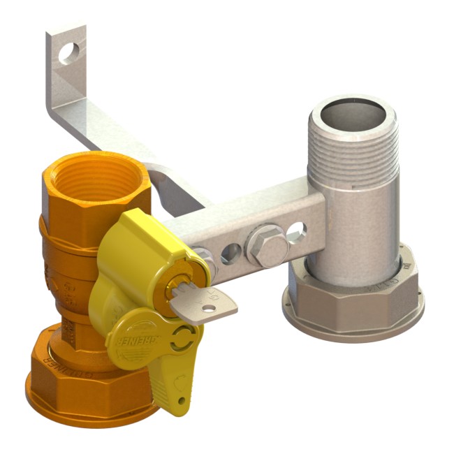 Bracket for gas meter L=110, inlet valve with lock 301 to 340, outlet tail with twisted fixing plate FEMALE-MOVING NUT-MALE