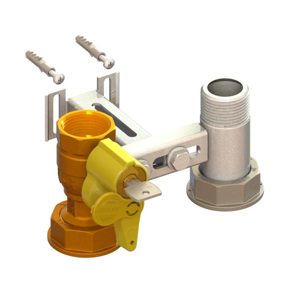 Bracket for gas meter L=110, inlet valve with lock 301 to 340, outlet tail with support and plate FEMALE-MOVING NUT-MALE