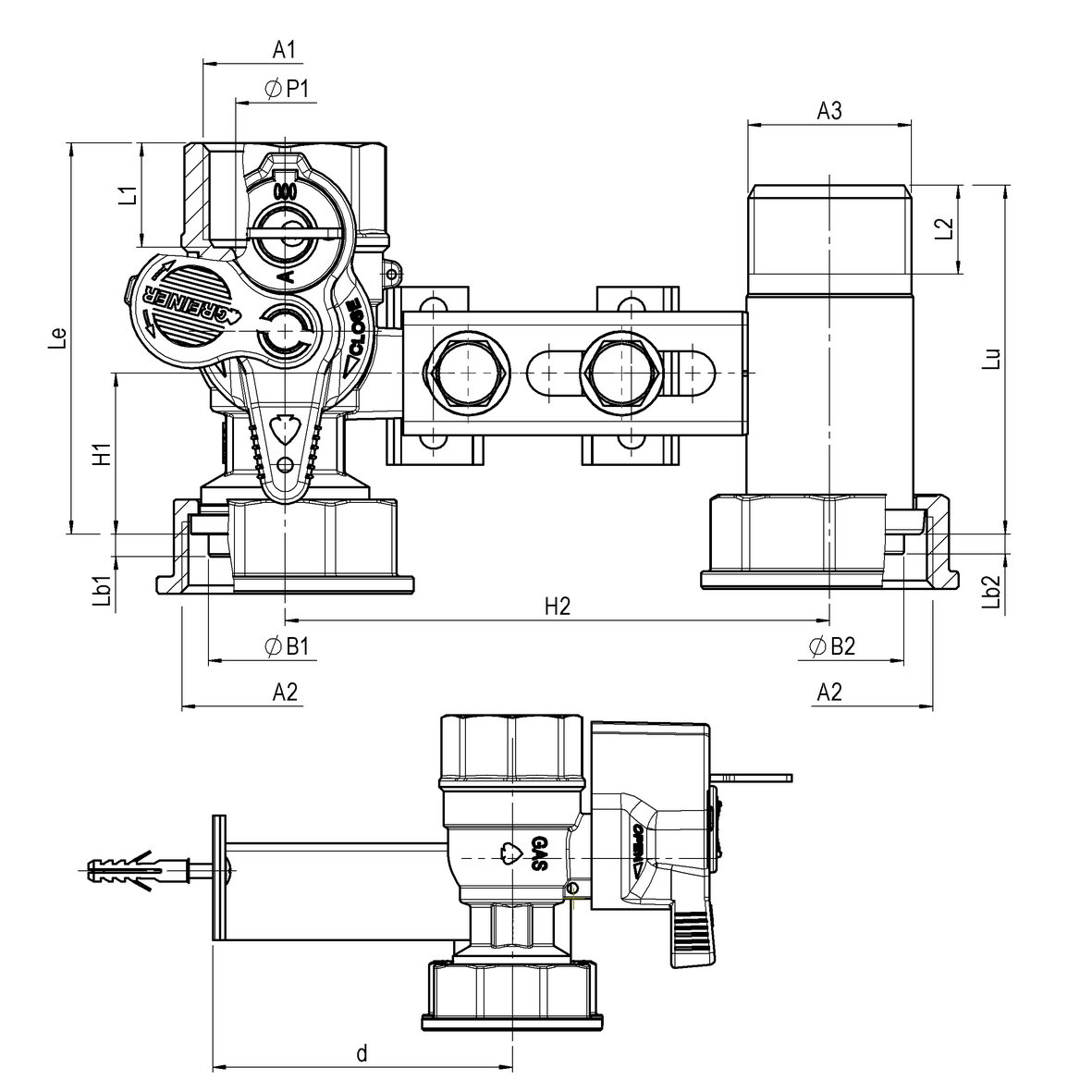 Mensola per contatore gas I=110 valvola in entrata con serratura 301÷340 cannotto in uscita con supporto e piastra F-GI-M