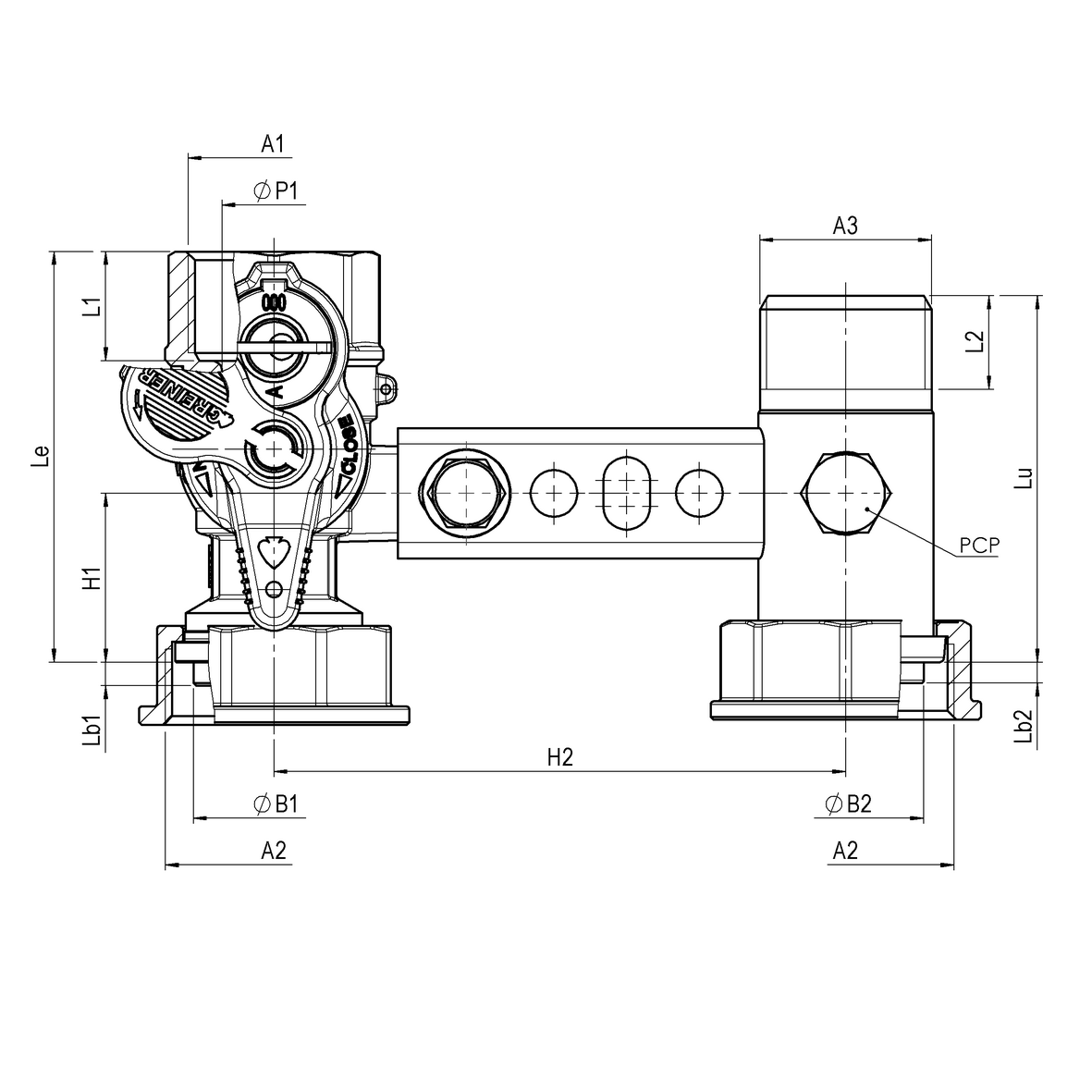 Mensola per contatore gas I=110 valvola in entrata con serratura 301÷340 cannotto in uscita con PCP F-GI-M