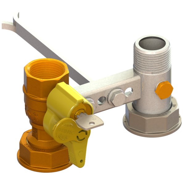 Bracket for gas meter L=110, inlet valve with lock 301 to 340, outlet tail with PCP with twisted fixing plate FEMALE-MOVING NUT-MALE