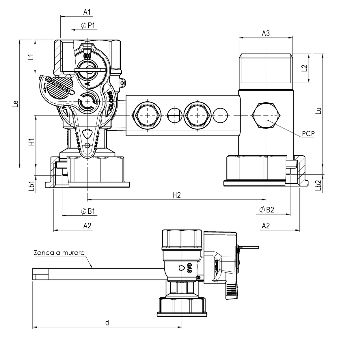 Bracket for gas meter L=110, inlet valve with lock 301 to 340, outlet tail with PCP with twisted fixing plate FEMALE-MOVING NUT-MALE