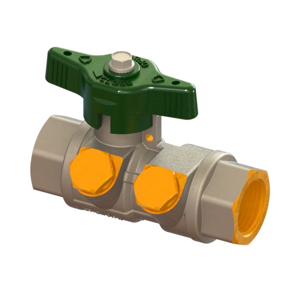 Water full-bore ball valve, heavy execution with in-line check valve and 2 45°-drains with sealable T-handle, FEMALE-FEMALE
