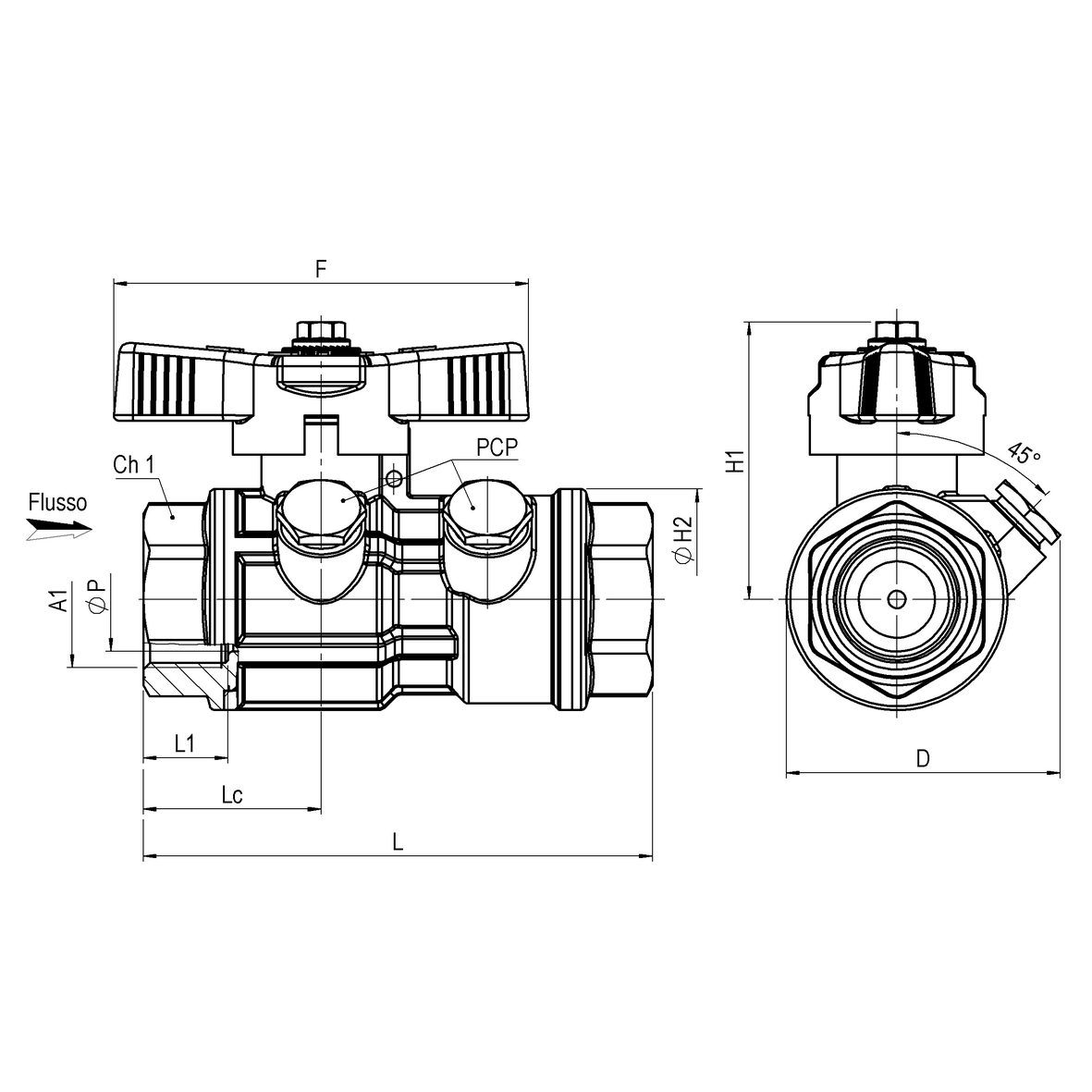 Water full-bore ball valve, heavy execution with in-line check valve and 2 45°-drains with sealable T-handle, FEMALE-FEMALE