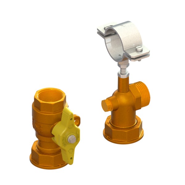 Mensola per contatore gas I=variabile valvola in entrata con farfalla gialla sigillabile cannotto a squadra con PCP in uscita con collare di sostegno F-GI-M