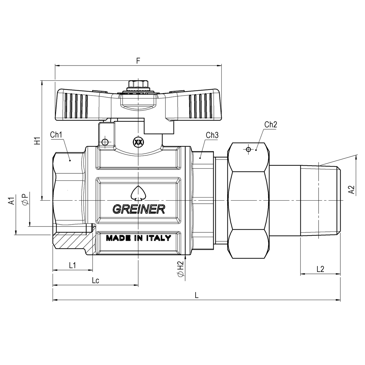 Valvola a sfera per gas a passaggio totale serie pesante con farfalla gialla sigillabile F-M Bocchettone OR
