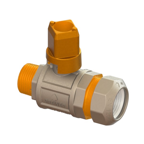 Water full-bore ball valve, heavy execution, for PE pipe with compression fitting, with truncated pyramid-shaped cap, MALE-PE